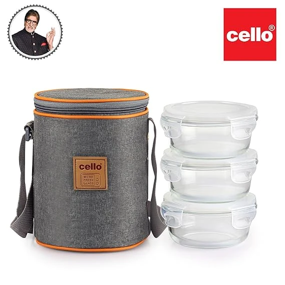 CELLO Royale Round Borosilicate Glass Lunch Box with Jacket, 400ml